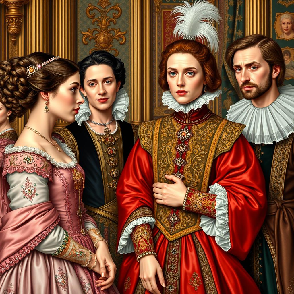 A close-up depiction of an English royal court scene from the Renaissance era, featuring two adult women and three adult men