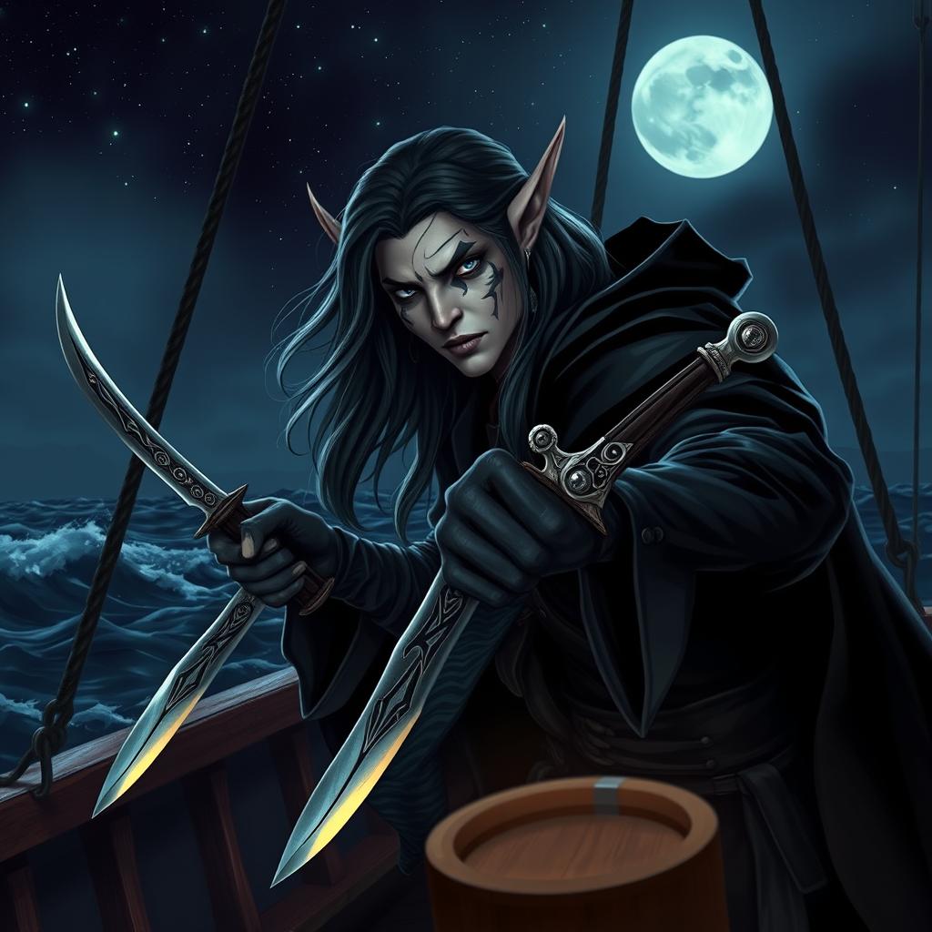 A shadowy elf resembling a pirate assassin, featuring pointed ears, dramatic facial tattoos, and dark clothing that cloaks their form