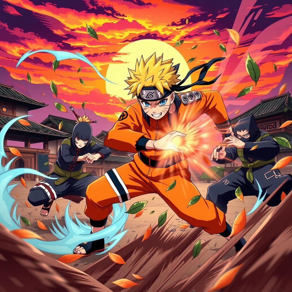A dynamic scene inspired by Naruto, showcasing a powerful ninja battle with vibrant colors and flowing motion