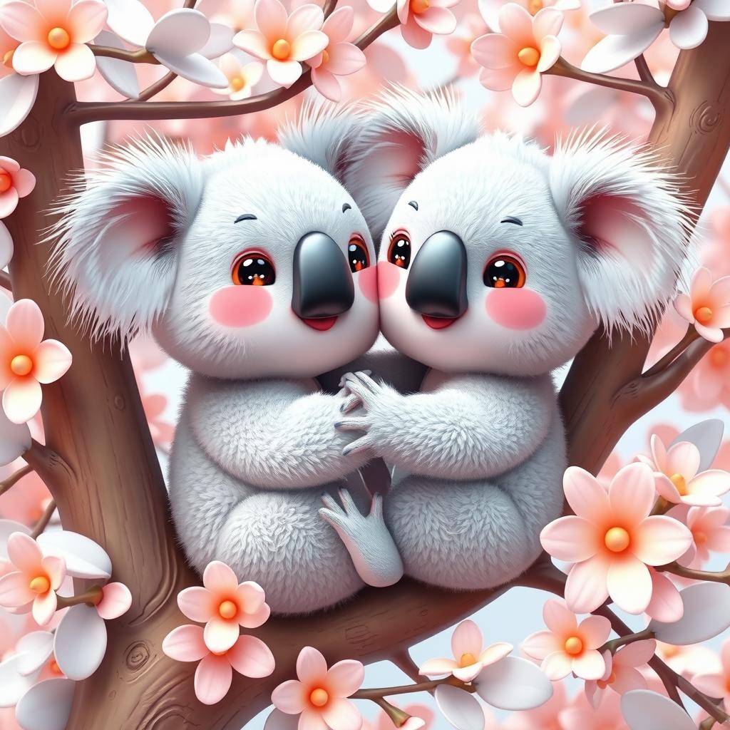 A 3D kawaii style illustration of a pair of adorable koalas in love, cuddling together on a fluffy eucalyptus tree