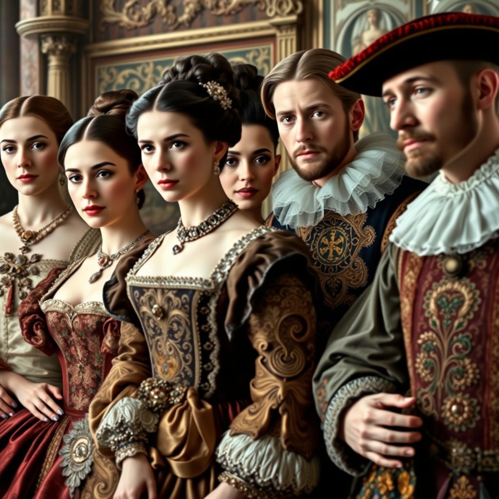 A close-up representation of an English royal court scene from the Renaissance era, featuring five adults, including two elegant women and three distinguished men