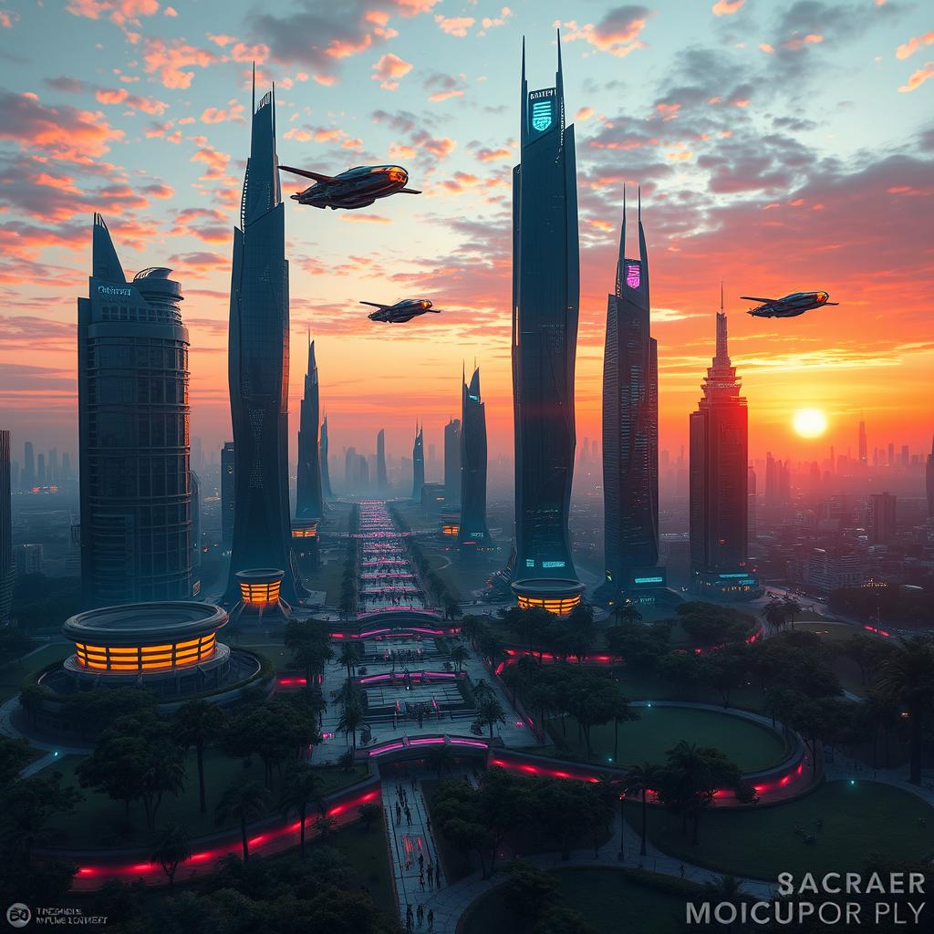 An epic science fiction landscape depicting a futuristic city at sunset, with towering skyscrapers made of glass and steel, flying cars zooming through the sky, and vibrant neon lights glowing throughout