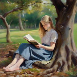 A realistic oil painting of a young, pretty girl in full view. She is leaning against a tree and appears to be falling asleep whilst reading a book.