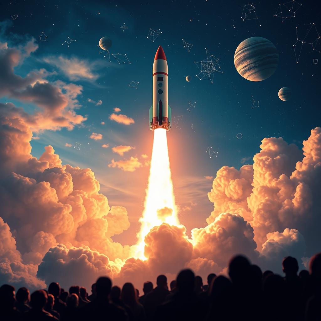 A stunning digital art poster of a rocket launch into space, showcasing a vibrant sky filled with clouds and stars