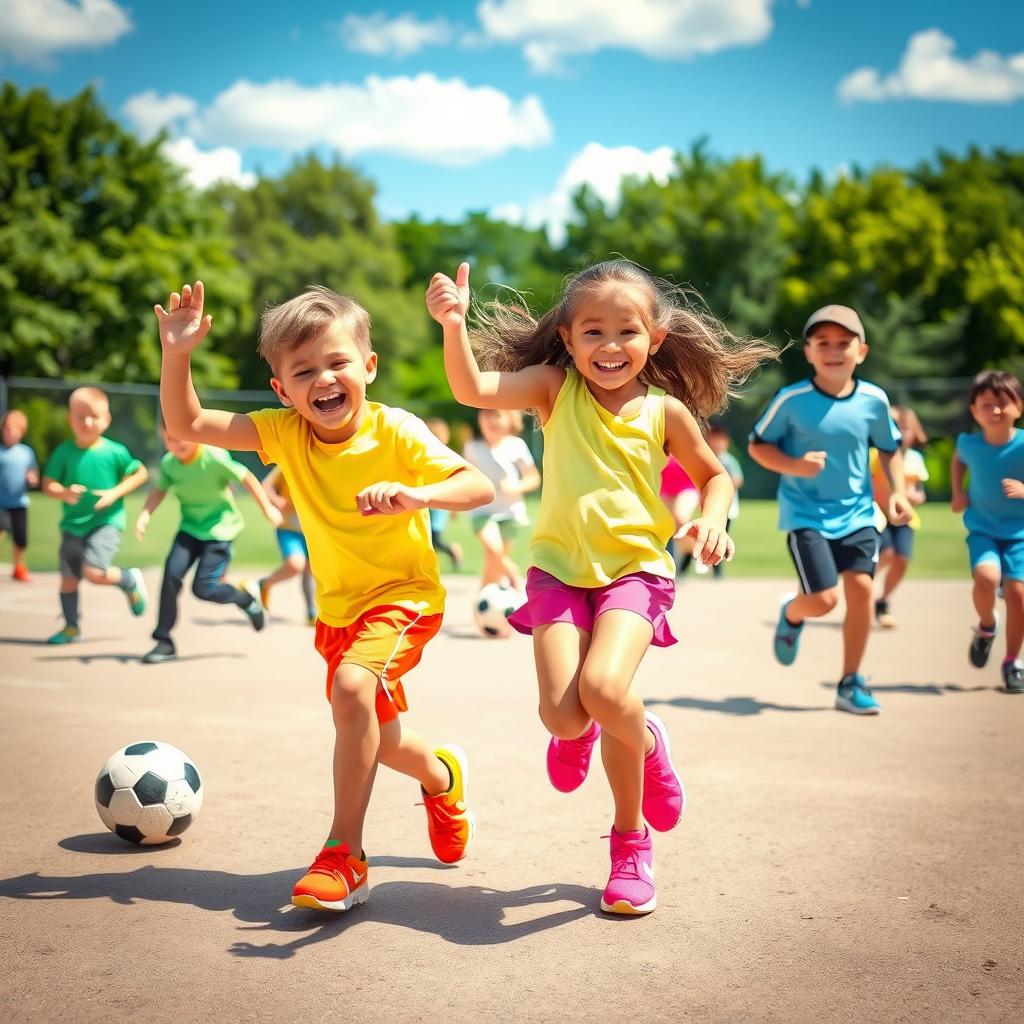 A lively scene depicting children engaged in various sports activities in a bright, outdoor setting