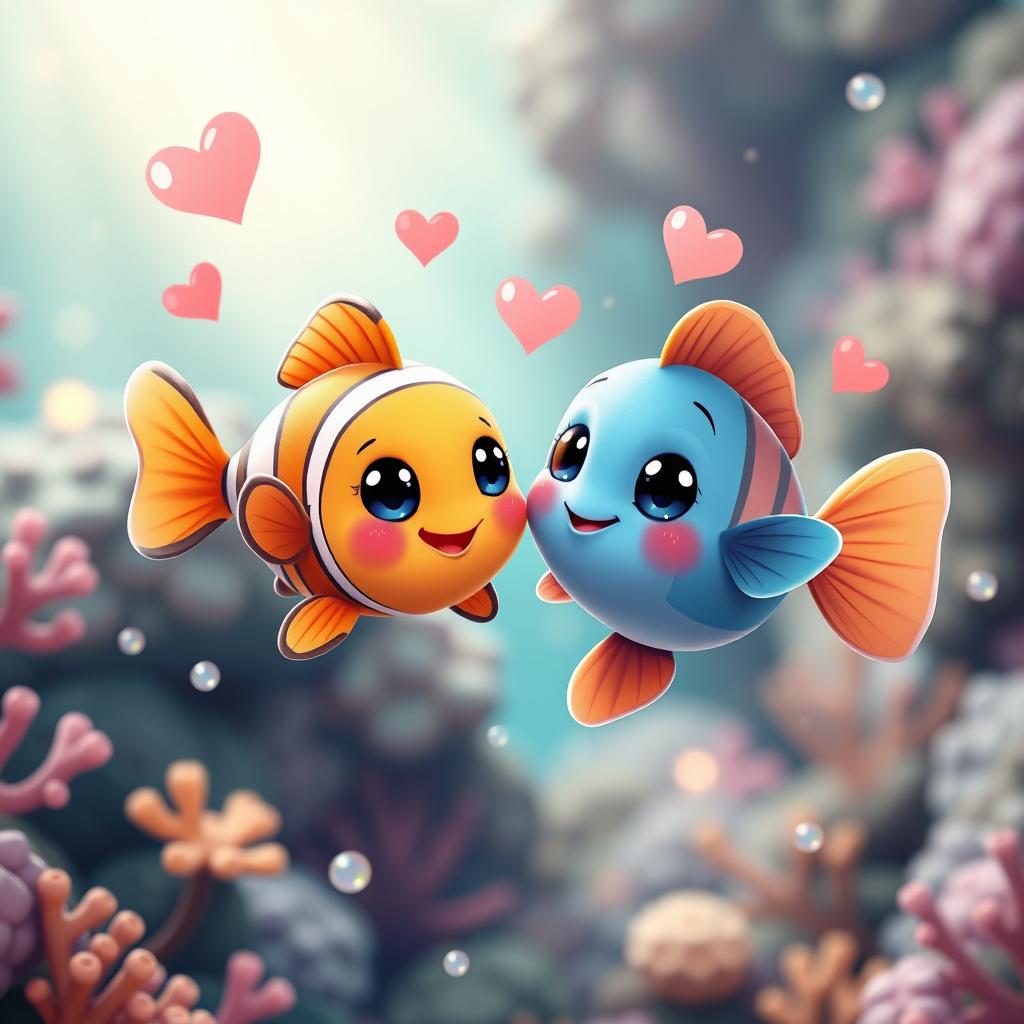 A 3D kawaii-style image of a pair of adorable little fish in love, with large sparkling eyes and cute expressions