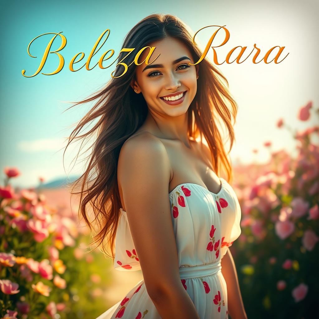 A beautiful woman with long flowing hair and a radiant smile, standing in a sunny landscape filled with blooming flowers
