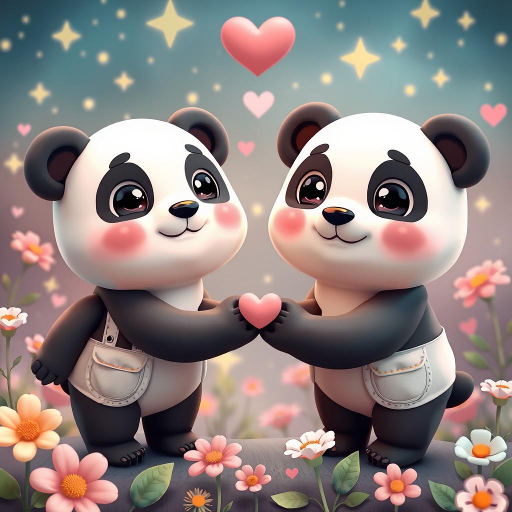 A 3D kawaii style image featuring a romantic scene of two adorable panda bears, with big expressive eyes and cute chubby faces