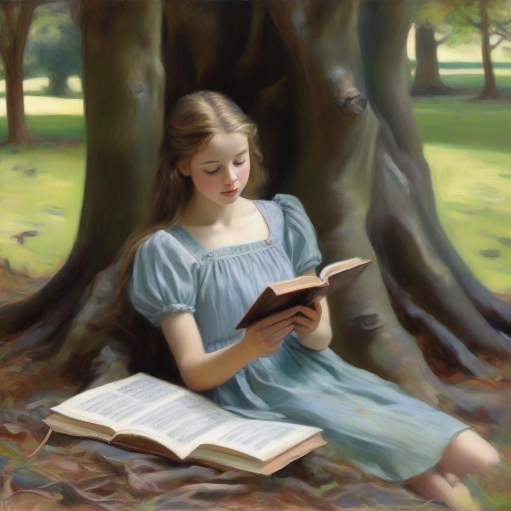 A realistic oil painting of a young, pretty girl in full view. She is leaning against a tree and appears to be falling asleep whilst reading a book.