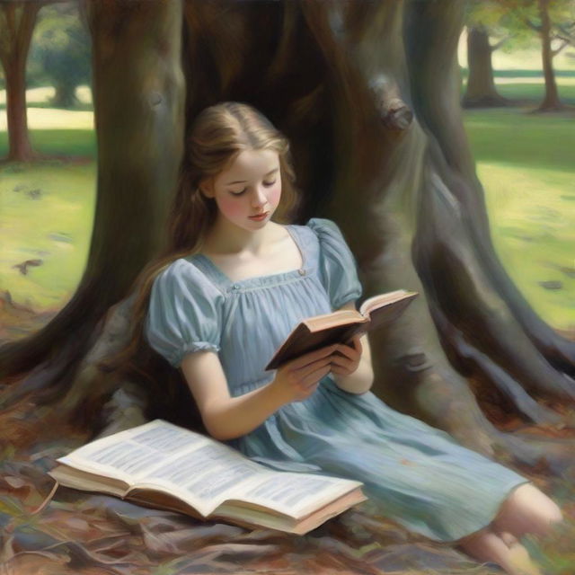 A realistic oil painting of a young, pretty girl in full view. She is leaning against a tree and appears to be falling asleep whilst reading a book.