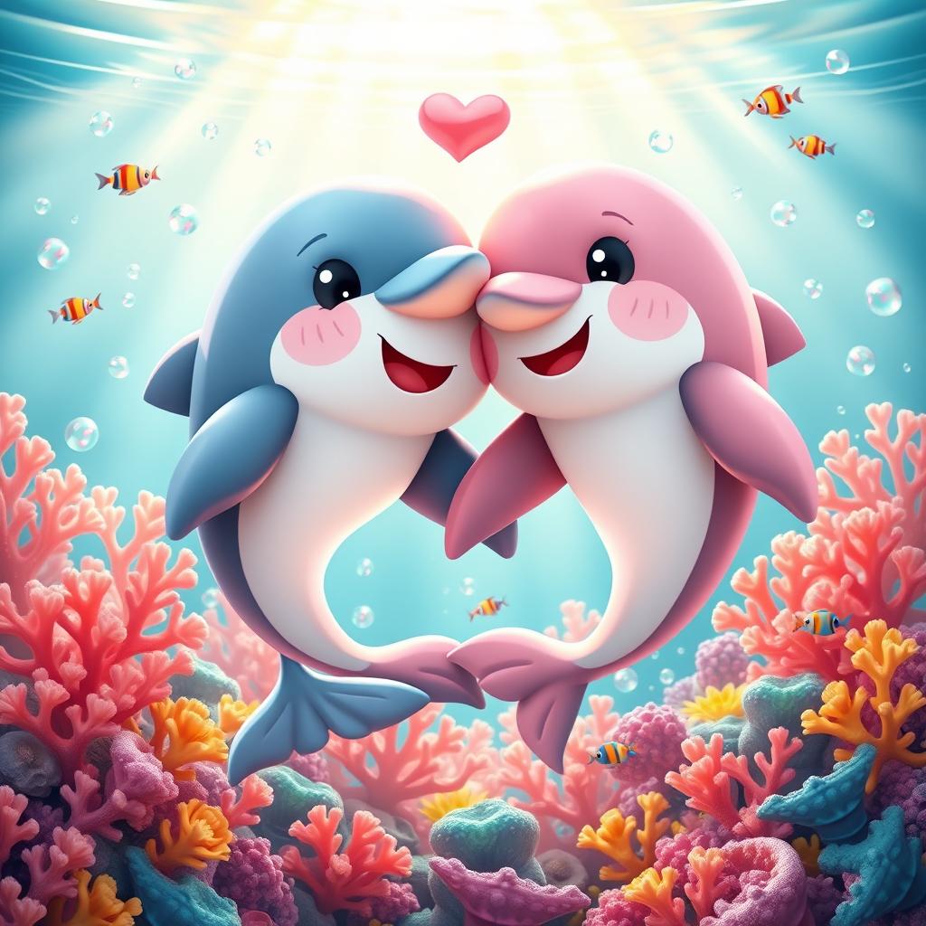A cute 3D render of a loving couple of dolphins, designed in a kawaii style, with big sparkling eyes and friendly smiles