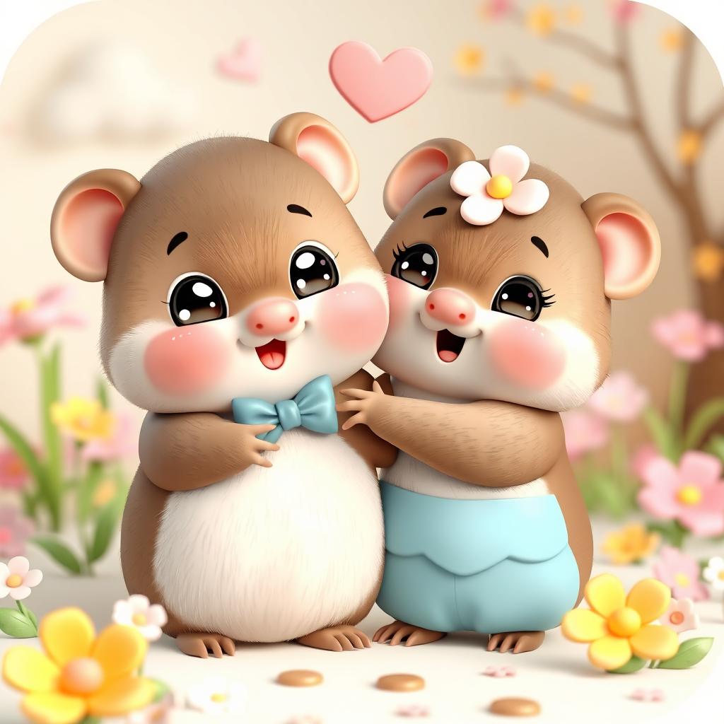 A cute 3D kawaii-style illustration of a couple of adorable, chubby little moles in love