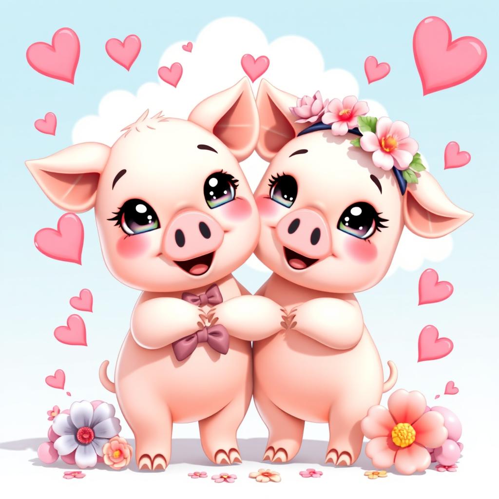 A 3D kawaii style illustration of a loving couple of piglets, with big sparkling eyes and joyful expressions