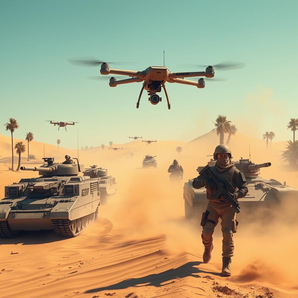 An imaginative scene depicting a modern military operation in a desert landscape, with a focus on strategic maneuvers and advanced weaponry