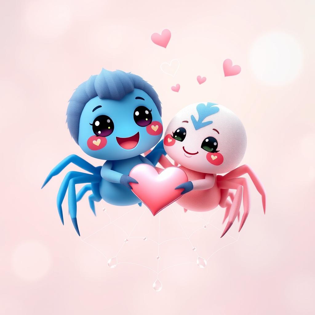 A 3D kawaii-style illustration of a romantic pair of tiny spiders