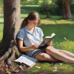 A realistic oil painting of a young, pretty girl in full view. She is leaning against a tree and appears to be falling asleep whilst reading a book.