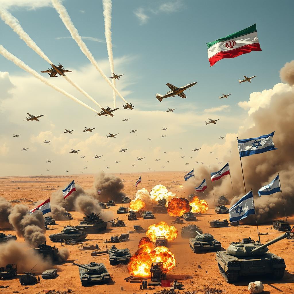 A dramatic and intense scene depicting a fictional military confrontation between Iran and Israel