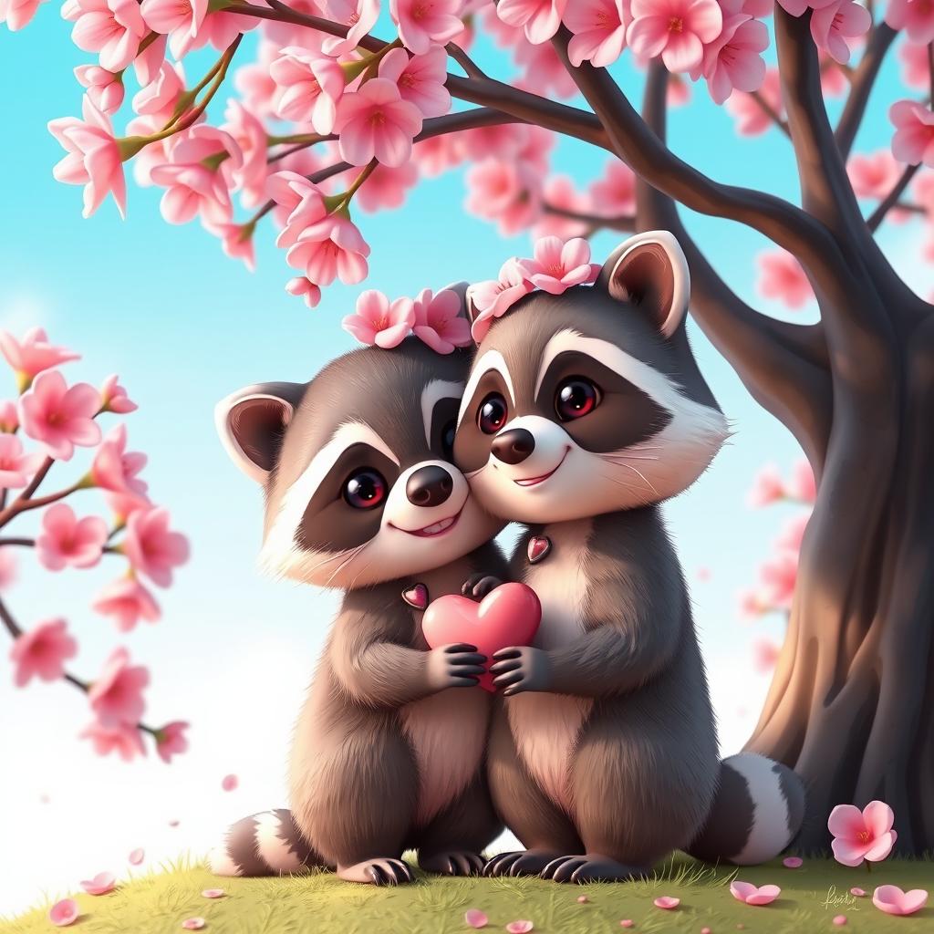A 3D kawaii style illustration of a couple of raccoons in love, showing them cuddling under a cherry blossom tree