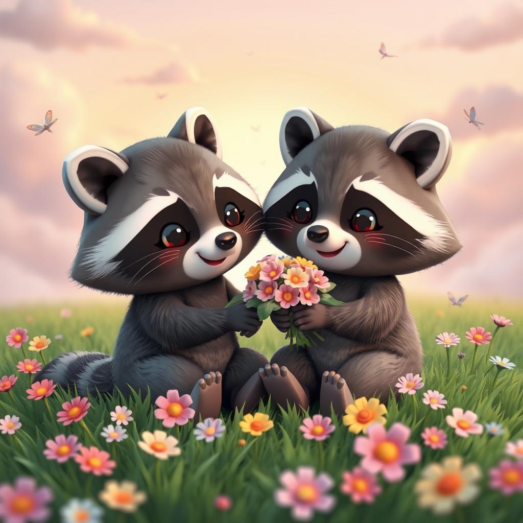 A 3D kawaii style illustration of a couple of raccoons in love, depicted with oversized heads, sparkling eyes, and darling expressions