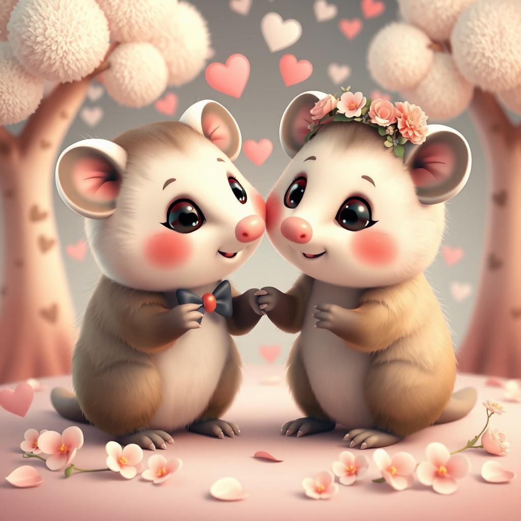 A 3D kawaii style illustration of a pair of adorable opossums in love, featuring big sparkling eyes and cute blushes on their cheeks
