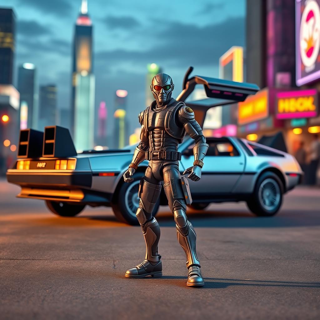 A vibrant action figure of a futuristic hero posed dynamically in front of a sleek DMC DeLorean-12, showcasing its glossy silver finish and iconic gullwing doors