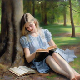 A realistic oil painting of a young, pretty girl in full view. She is leaning against a tree and appears to be falling asleep whilst reading a book.