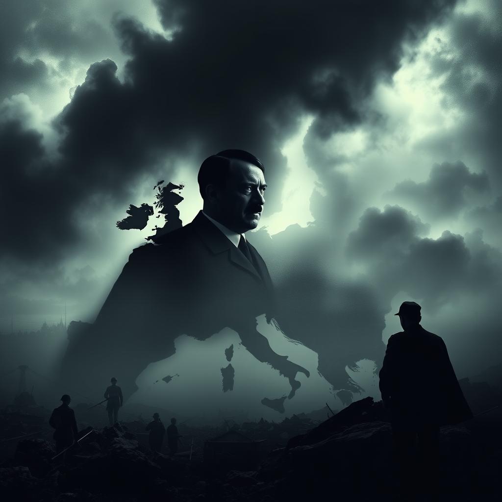 A chilling and dramatic visual representation of historical events during World War II, featuring a stark, somber landscape filled with gray and desaturated tones
