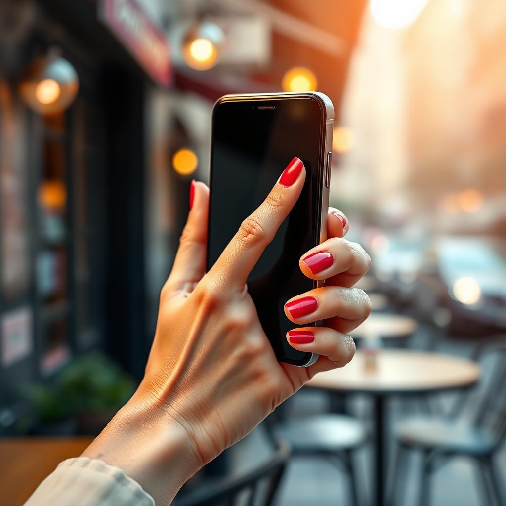 An artistic depiction of a beautifully manicured hand holding a smartphone in a stylish way, with fingers gracefully positioned around the phone