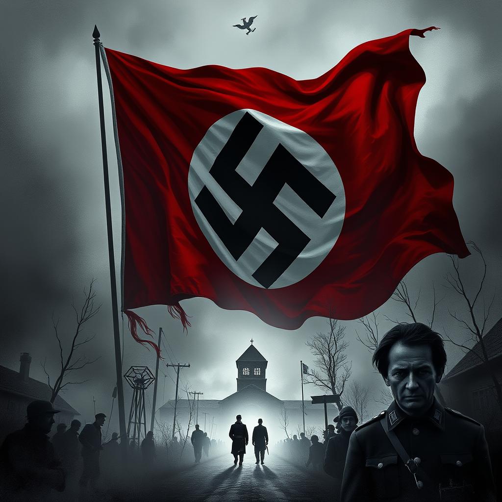 A powerful and haunting depiction of the dark history of Nazism, featuring the Nazi logo and flag prominently in the background
