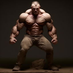 The homeless man is now transformed into a monumental figure of extreme muscular physique, his muscles bulging with unparalleled strength and power.