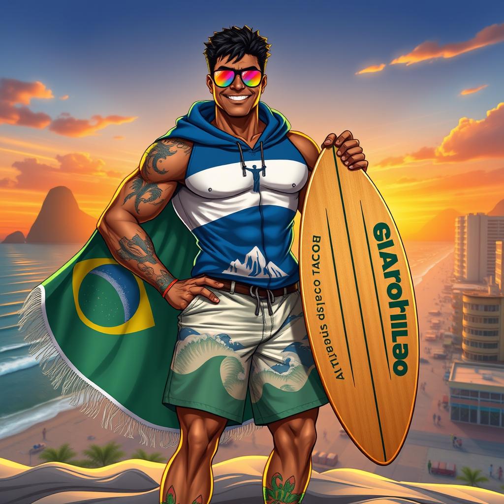 A highly detailed digital illustration of a Brazilian superhero inspired by Rio de Janeiro