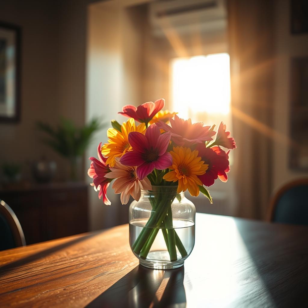 An artistically lit photograph capturing a sophisticated and elegant still life with vibrant flowers in a glass vase, placed on a polished wooden table