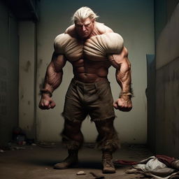 The homeless man is now transformed into a monumental figure of extreme muscular physique, his muscles bulging with unparalleled strength and power.