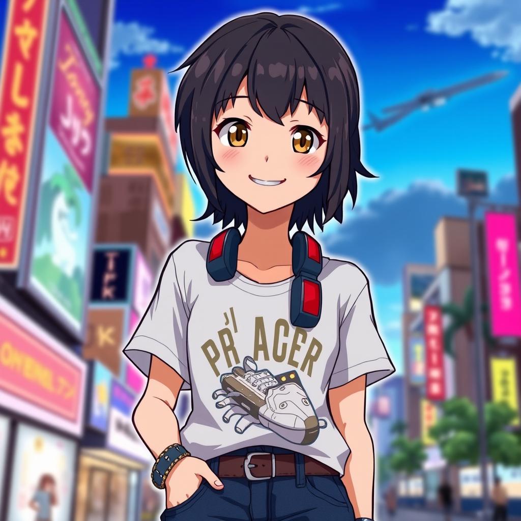 Anime-style portrait of a person with medium-length dark hair and friendly smile, wearing a casual graphic t-shirt and jeans