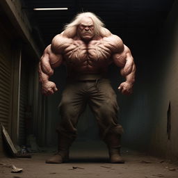 The homeless man is now transformed into a monumental figure of extreme muscular physique, his muscles bulging with unparalleled strength and power.