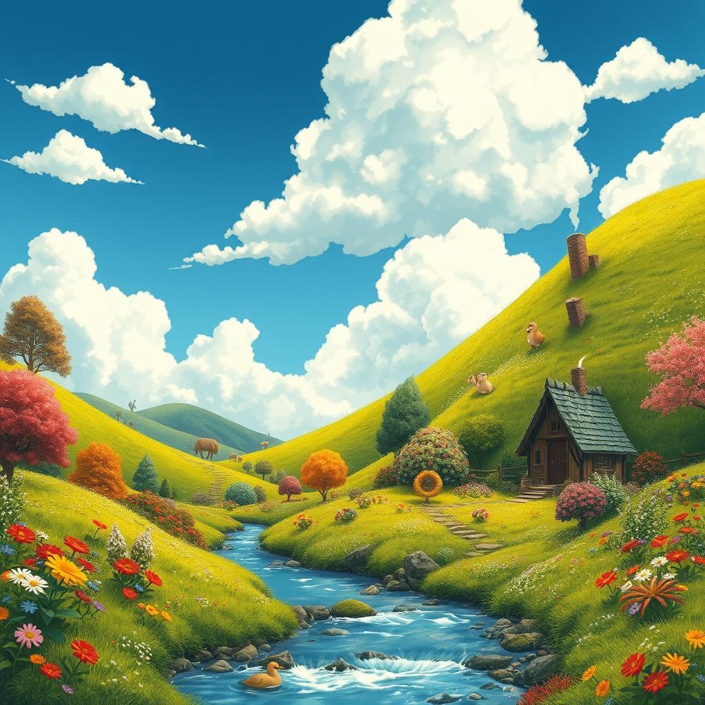 A whimsical fantasy landscape inspired by Studio Ghibli, featuring lush green hills, vibrant wildflowers, and a quaint, cozy cottage with smoke curling from the chimney