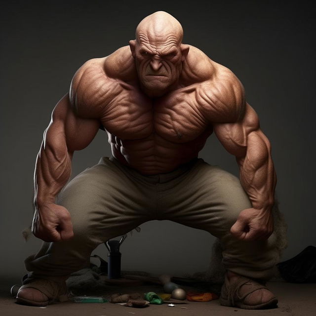 The homeless man is now transformed into a monumental figure of extreme muscular physique, his muscles bulging with unparalleled strength and power.