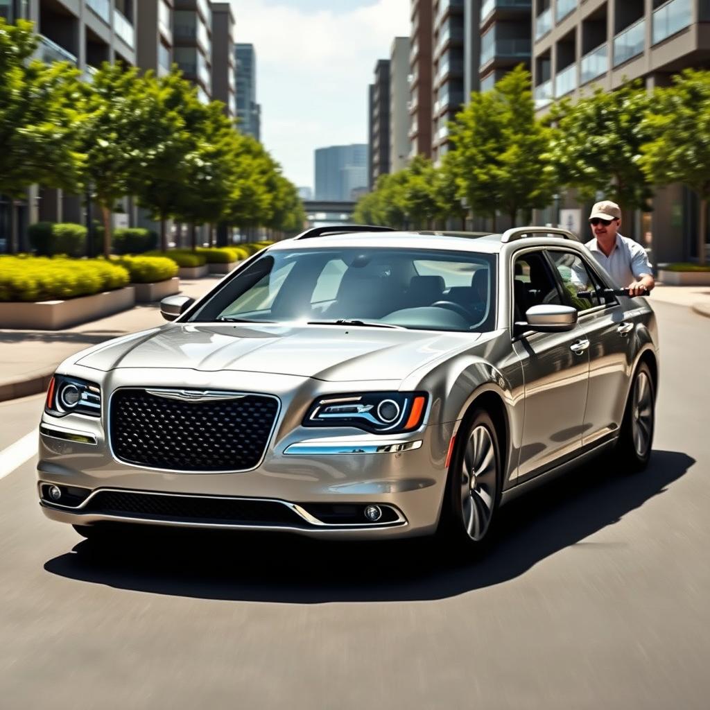 A shiny silver Chrysler 300C first generation station wagon driving down the street, trailing behind a man on an electric scooter