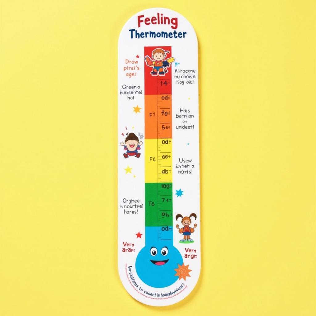 A simple and colorful feeling thermometer designed for kids, featuring a vertical gradient with blue at the bottom representing calm, green for okay, yellow for concerned, orange for upset, and red at the top indicating very angry