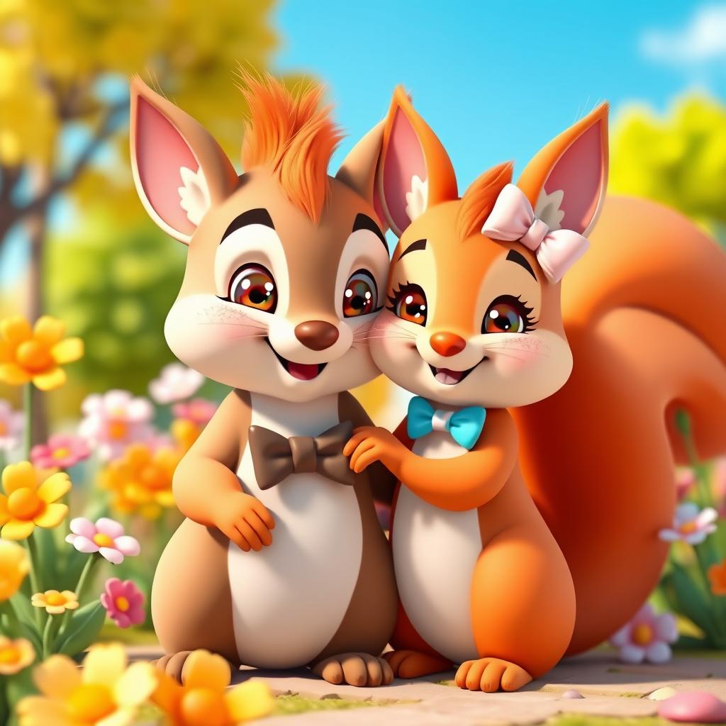 A 3D kawaii style illustration of a cute couple of squirrels in love, with big sparkling eyes and cheerful expressions