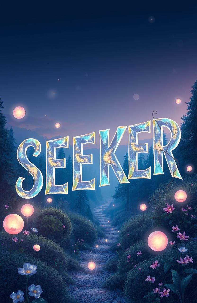 A mystical illustration featuring the letters of the word 'SEEKER' artistically arranged in an ethereal landscape
