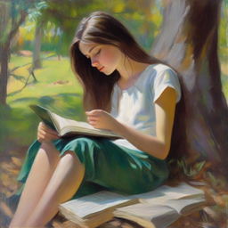 A loose style oil painting featuring a young, pretty girl in full view. She is leaning against a tree, falling asleep while reading a book.