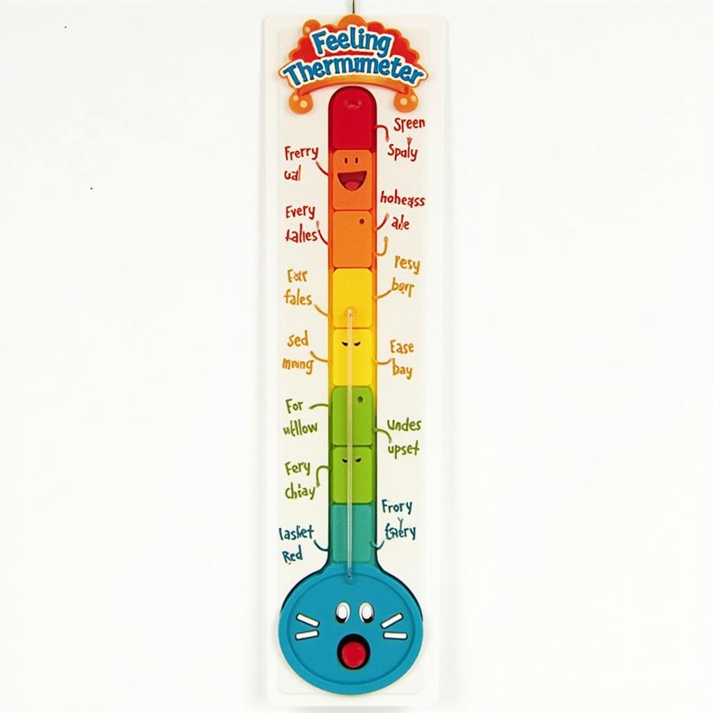 A simple and colorful feeling thermometer designed for kids, featuring a vertical gradient with blue at the bottom representing calm, green for okay, yellow for concerned, orange for upset, and red at the top indicating very angry