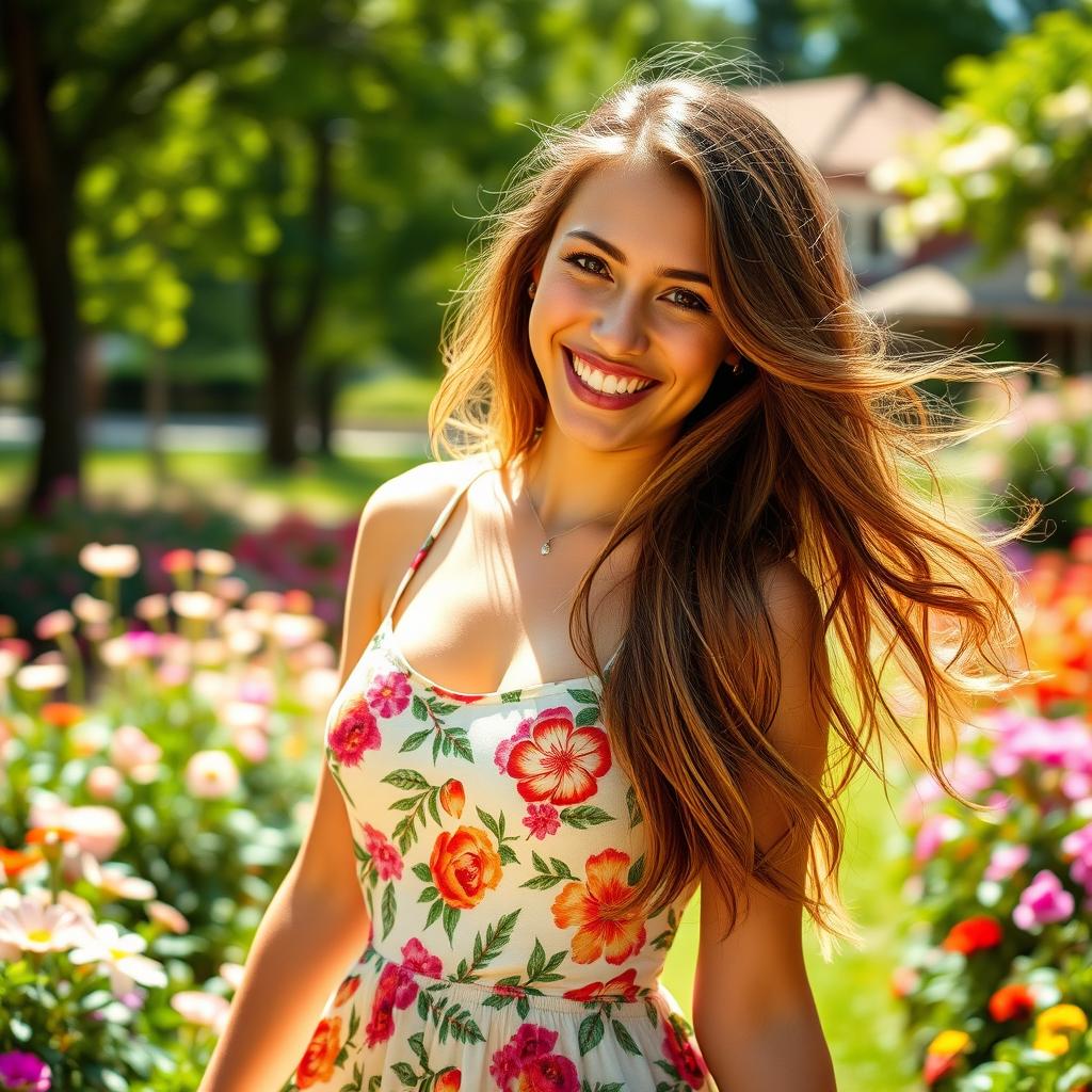 A vibrant and colorful portrait of a beautiful young woman in her twenties, exuding youthful energy and confidence