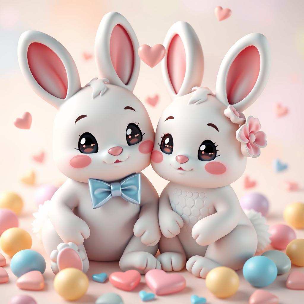 A 3D kawaii style illustration of a pair of loveable bunnies in love, sitting close together, with hearts floating around them