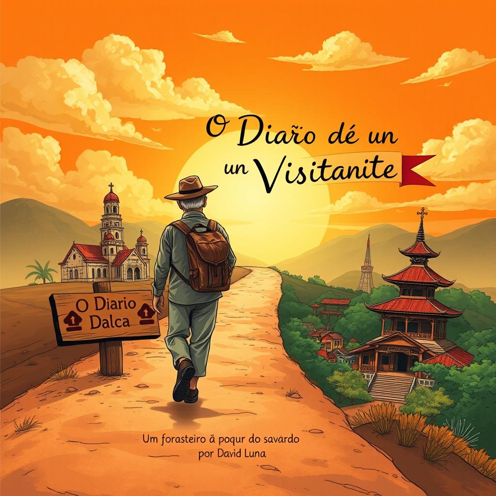 An illustrated book cover combining vintage and contemporary styles, featuring an elderly man wearing a hat and a backpack walking along a dirt road that branches off into several distinct paths