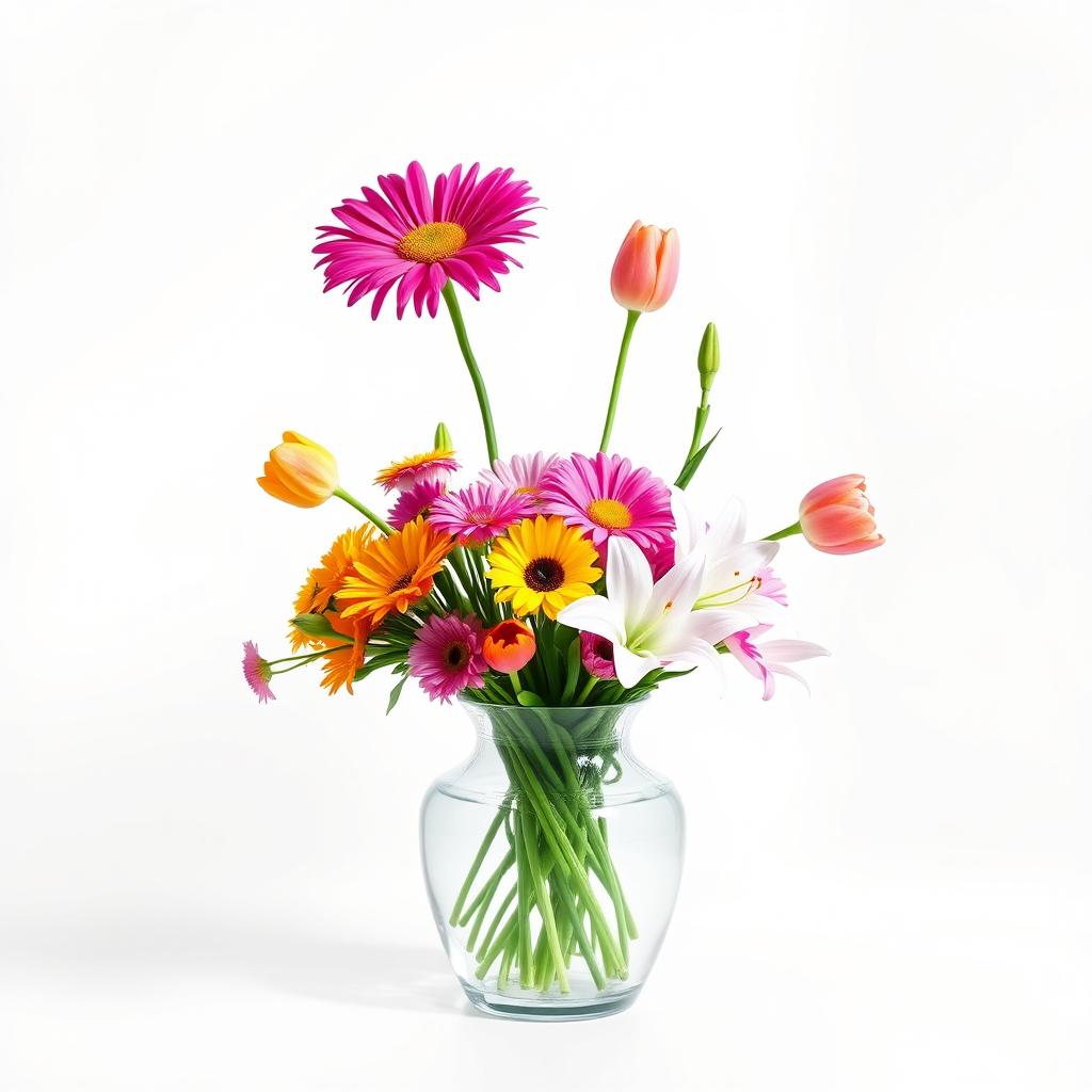 A clean, minimalist display featuring vibrant flowers in a vase, set against a pristine white background