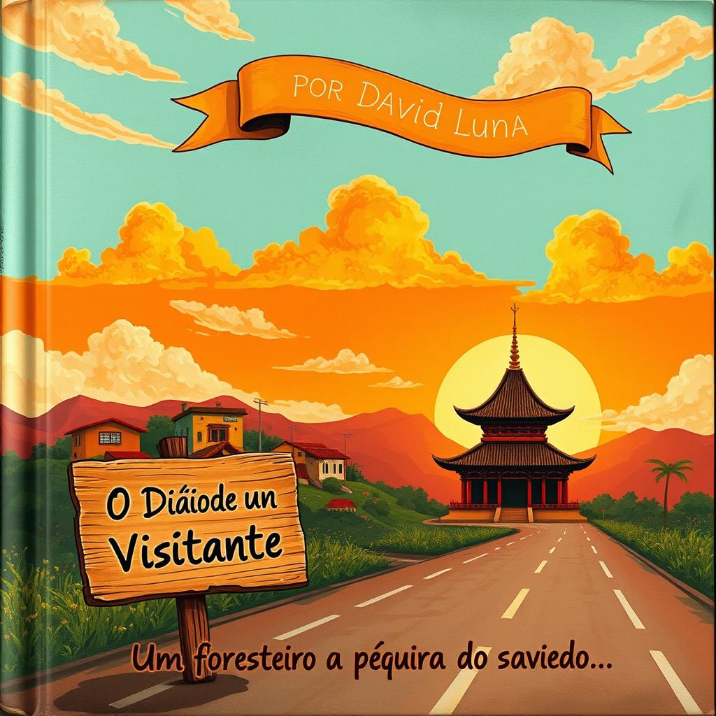 An illustrated book cover combining vintage and contemporary styles, depicting a scenic landscape featuring a colorful favela and an elegant oriental temple