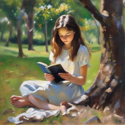 A loose style oil painting featuring a young, pretty girl in full view. She is leaning against a tree, falling asleep while reading a book.