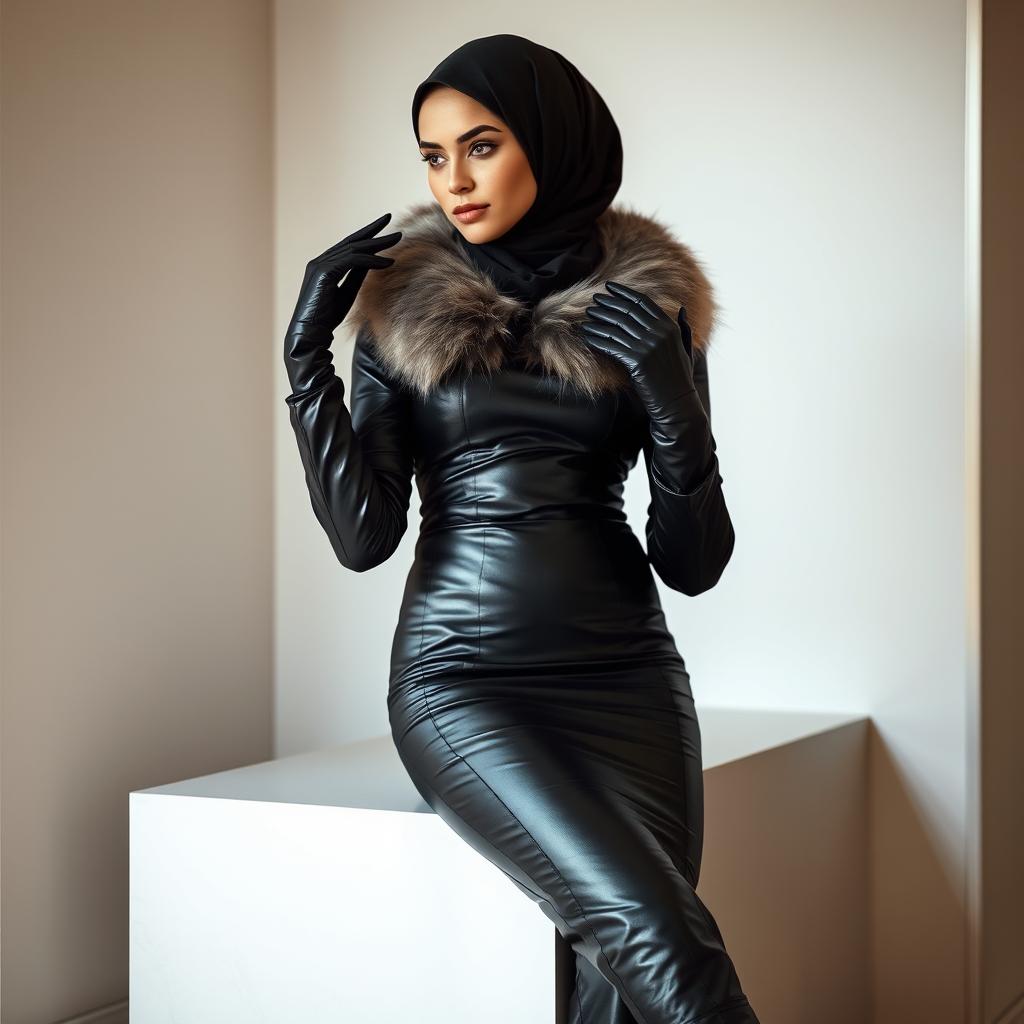 A beautiful hijab-wearing woman adorned in a tight, glossy black leather abaya that accentuates her figure, complemented by a fur collar
